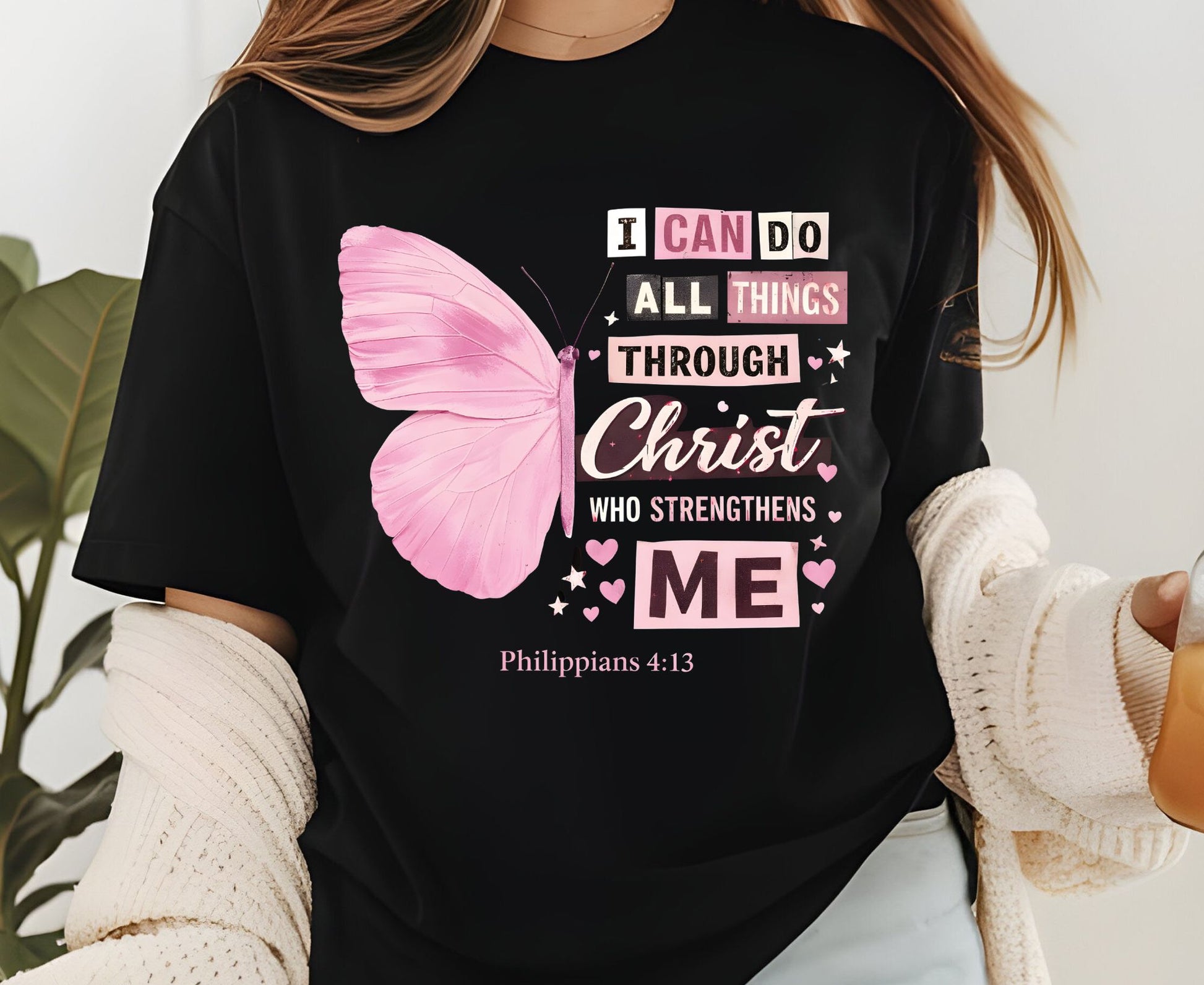 Philippians 4:13 T Shirt Pink Butterfly Tee I Can Do All Things Through Christ Shirt Religious Faith Gift Adult Youth Toddler Baby Church Outfit