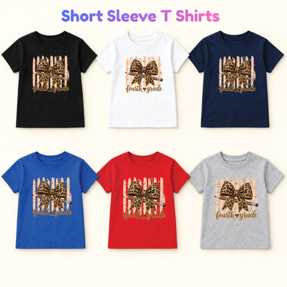 Fourth Grade Leopard Bow Pencil T-Shirt, Cute Back to School Tee for Toddler and Kids