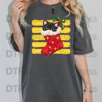 Christmas Black Cat DTF Transfers, Stocking Cute Kitten Holiday Ready to Press