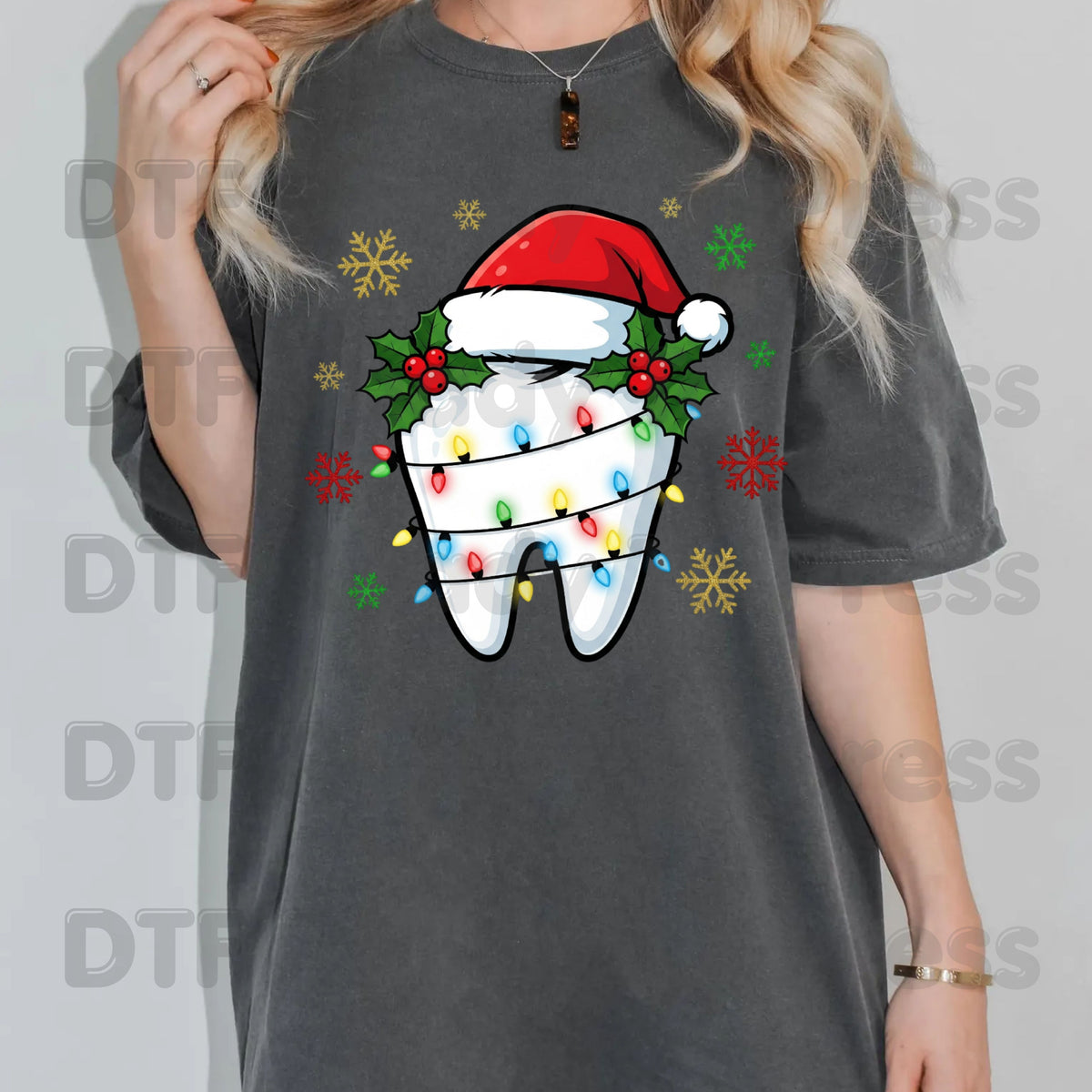Christmas Tooth Santa Hat DTF Transfers, Dental Holiday Lights Snowflake Festive Ready to Press
