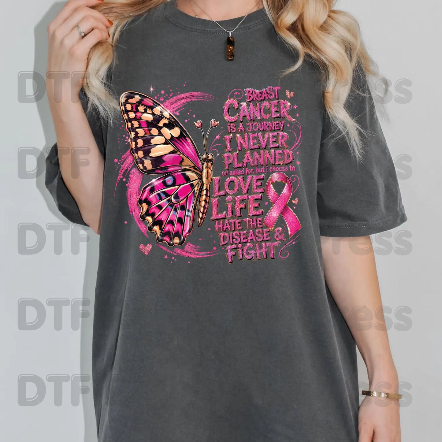 Breast Cancer Is A Journey Butterfly Breast Cancer Awareness DTF Transfer Ready to Press Heat Transfer Tee