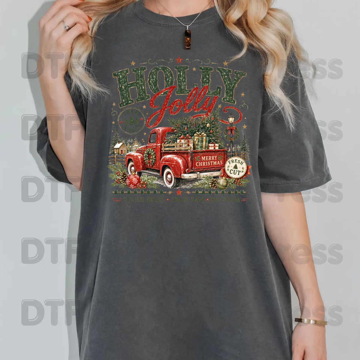 Holly Jolly Christmas DTF Transfers, Red Truck Tree Farm Vintage Holiday Ready to Press