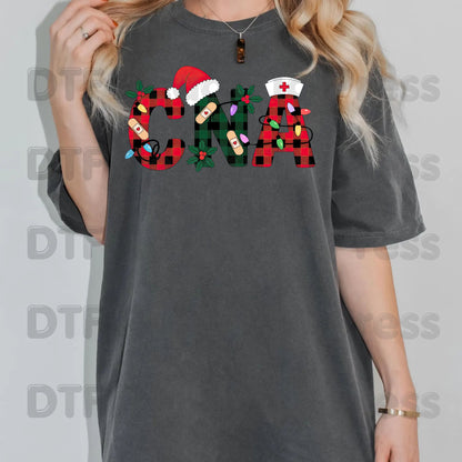 Christmas CNA Buffalo Plaid DTF Transfers, Medical Nursing Lights Bandage Holiday Ready to Press
