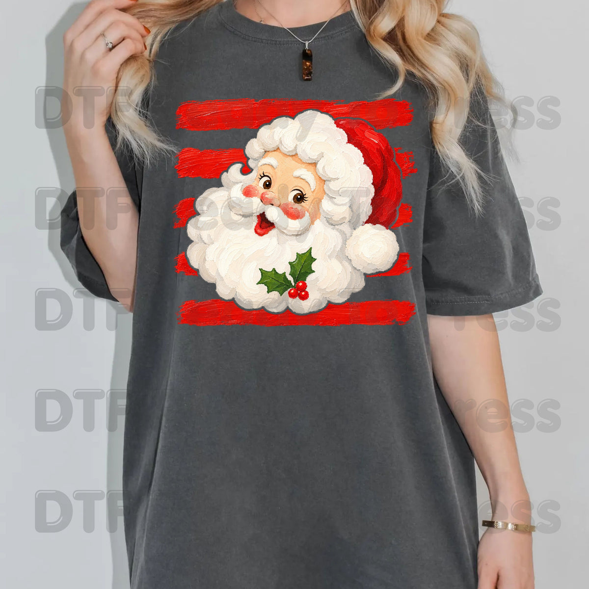 Vintage Santa Claus DTF Transfers, Red Striped Background Festive Christmas Holiday Ready to Press