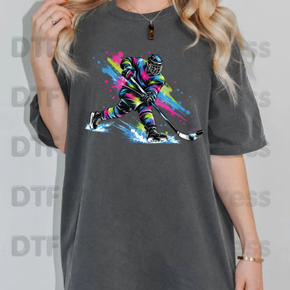 Hockey DTF Transfer, Colorful Ice Hockey Player with Paint Splatter Graphic