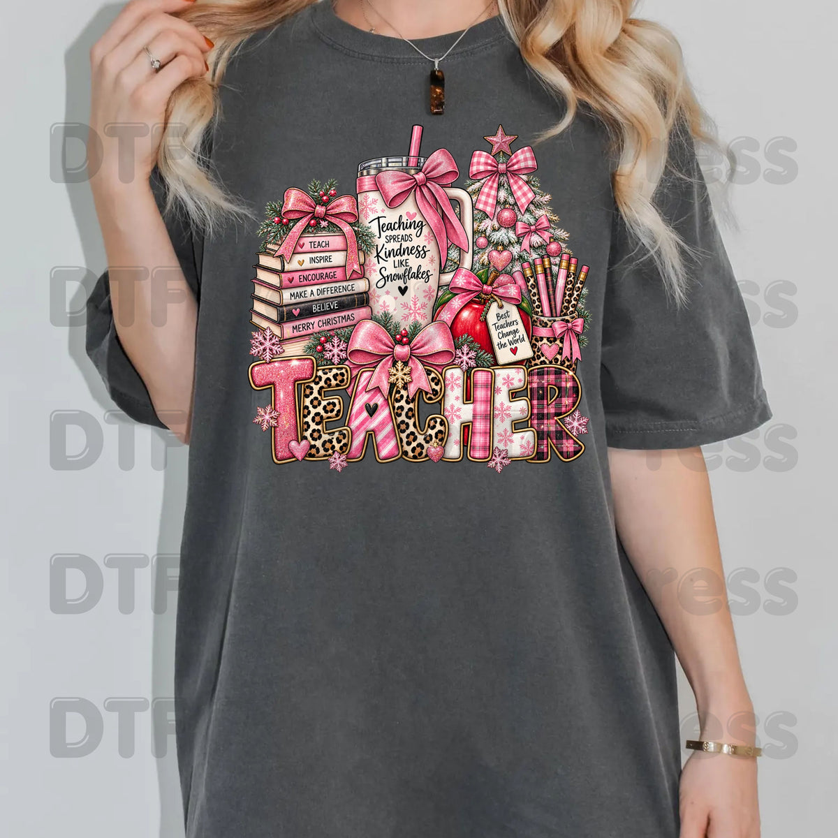 Christmas Pink Teacher Bow DTF Transfers, School Tumbler Leopard Holiday Ready to Press
