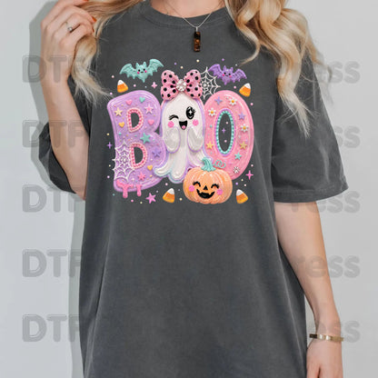 Pastel Cute Ghost Halloween BOO DTF Transfers, Pink Purple Bow Pumpkin Candy Corn Kids Girls Ready to Press