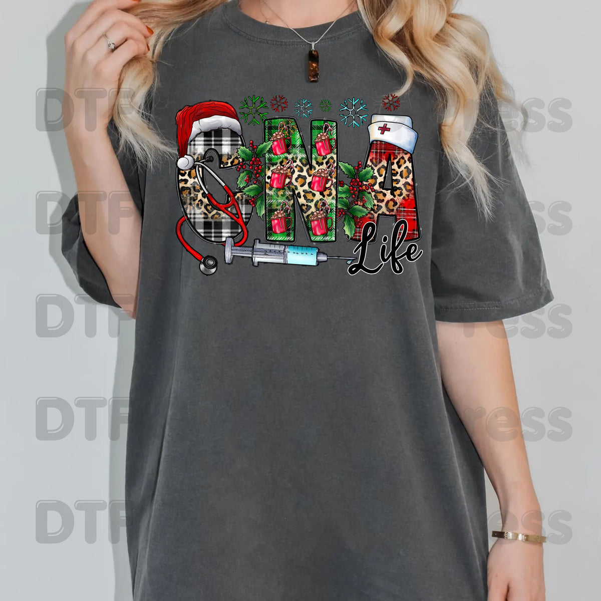 Christmas CNA Life DTF Transfers, Medical Nurse Leopard Plaid Syringe Holiday Ready to Press