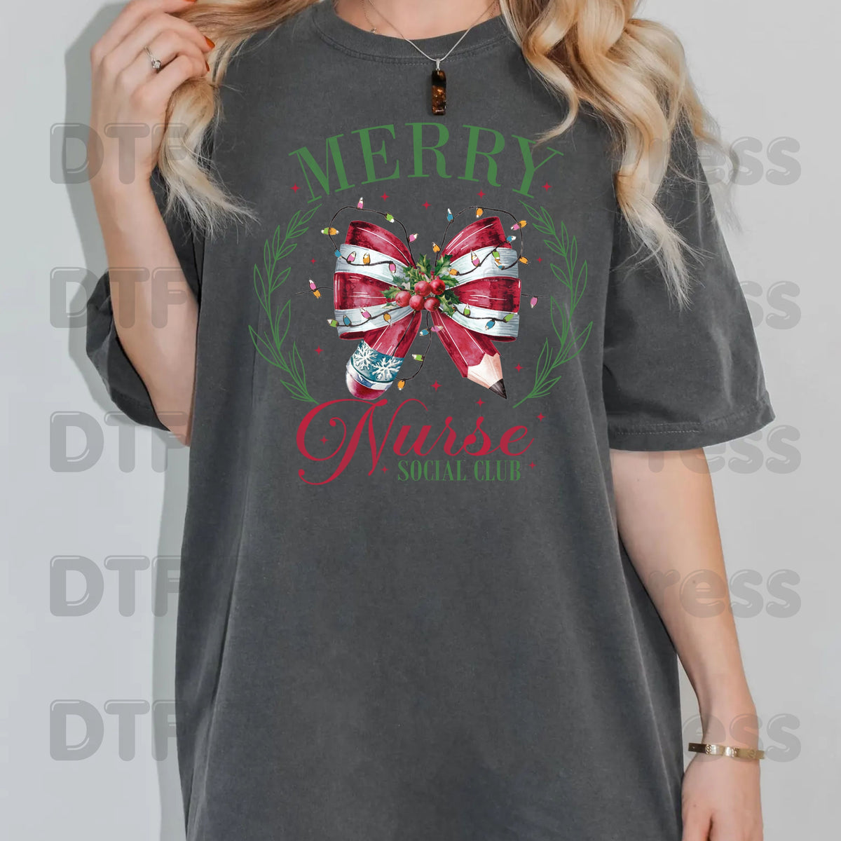 Merry Nurse Social Club DTF Transfers, Christmas Medical Coquette Bow Holiday Lights Nurse Ready to Press