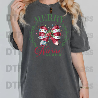 Merry Nurse Social Club DTF Transfers, Christmas Medical Coquette Bow Holiday Lights Nurse Ready to Press