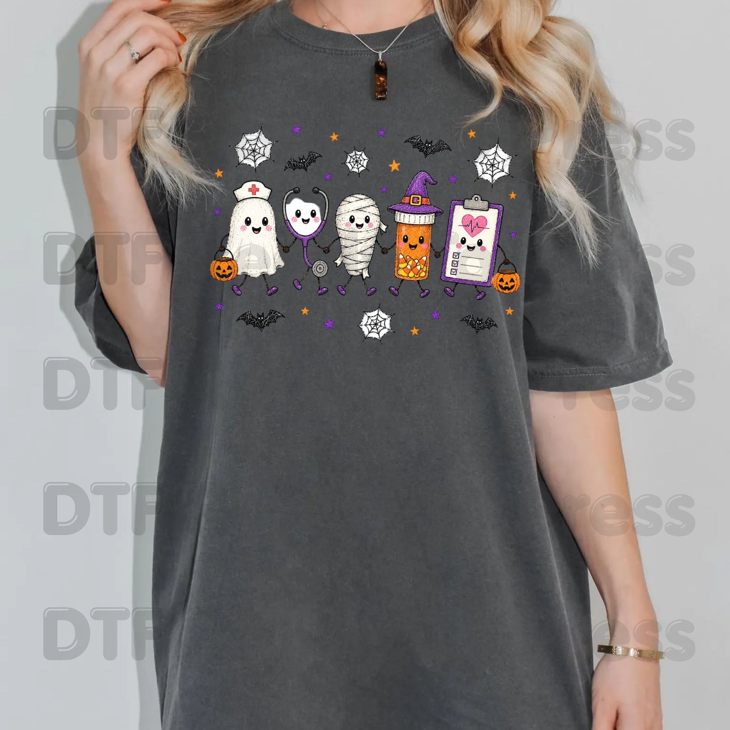Spooky Nurse Squad DTF Transfers, Halloween Medical Characters Ghost Stethoscope Pill Bottle Ready to Press