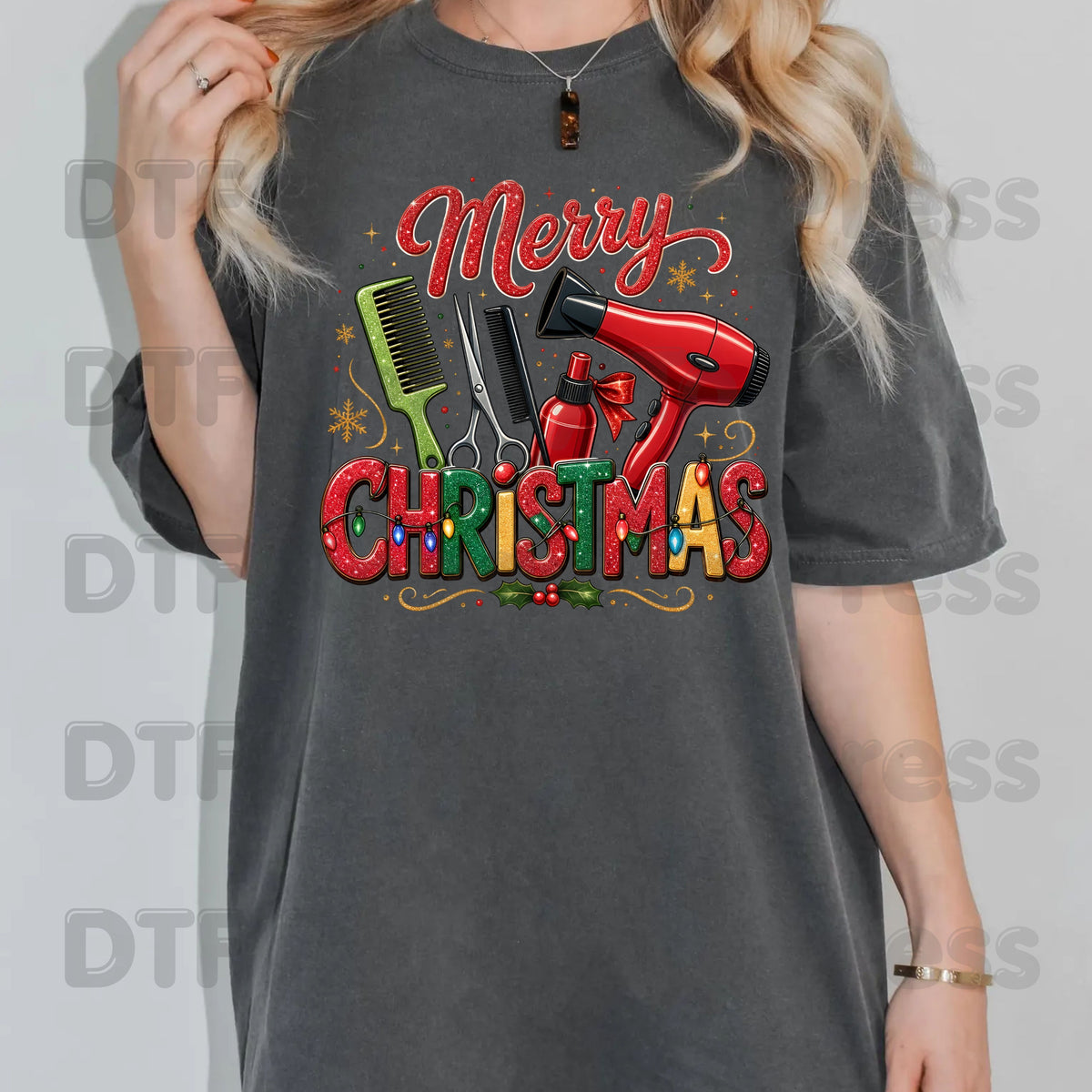 Merry Christmas Hairstylist DTF Transfers, Salon Scissors Dryer Comb Holiday Ready to Press
