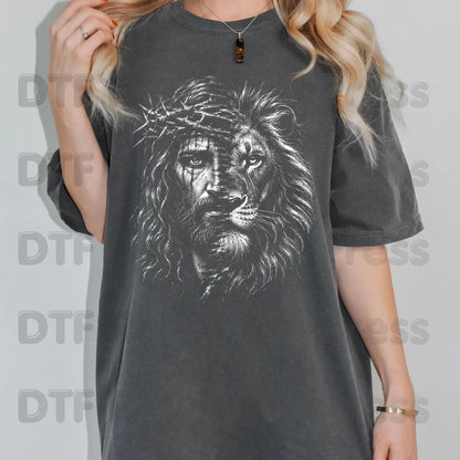 Jesus and Lion DTF Transfer Ready to Press Christian Heat Transfer for Shirts Crown of Thorns Religious Portrait Tee