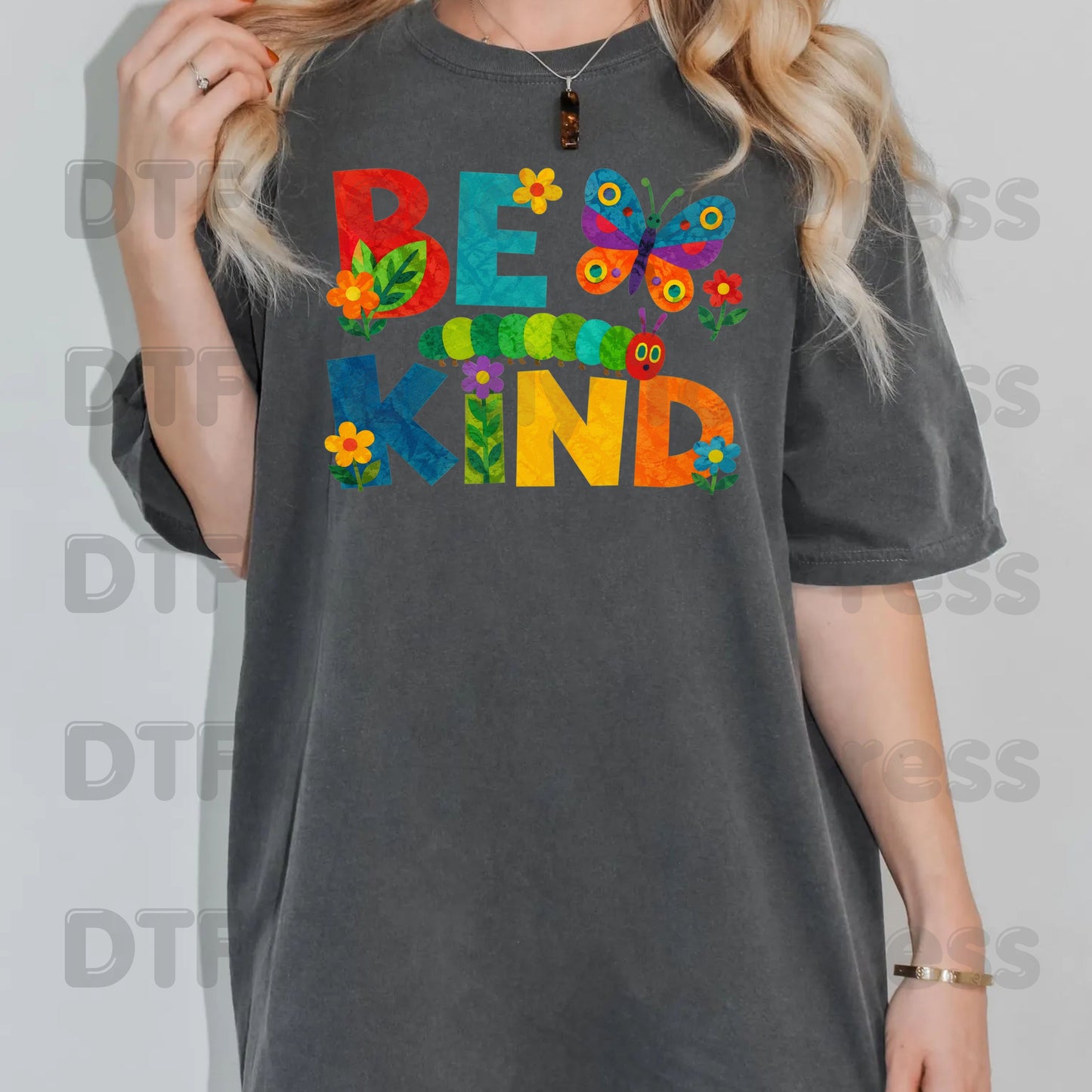 Be Kind Caterpillar Butterfly DTF Transfers, Colorful Flowers Storybook Teacher Ready to Press