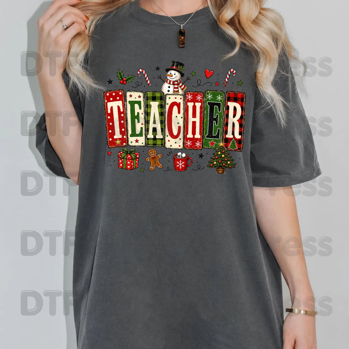 Christmas Teacher Snowman DTF Transfers, School Gingerbread Plaid Holiday Ready to Press