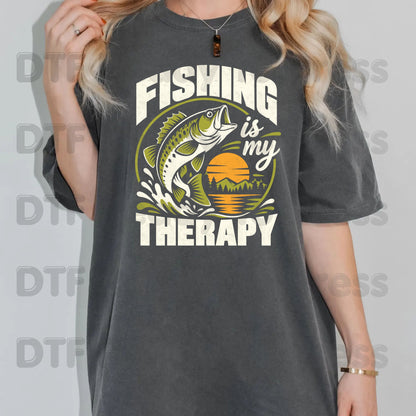 Fishing DTF Transfer, Fishing Is My Therapy, Bass Sunset Outdoors Graphic