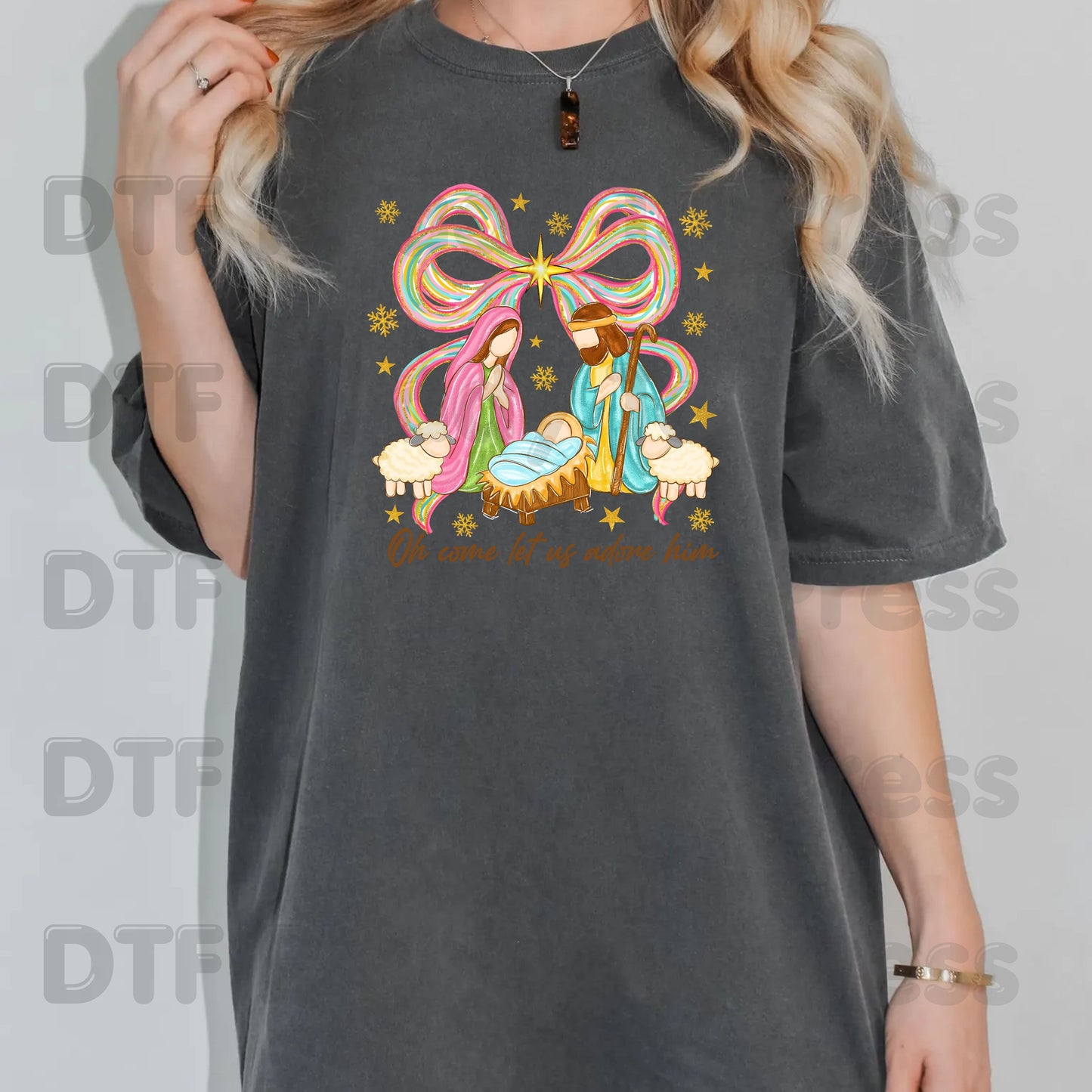 Christian Nativity Oh Come Let Us Adore Him DTF Transfer Ready to Press Nativity Scene Heat Transfer For Shirts Colorful Christmas Bow Christian Jesus Print