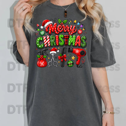 Merry Christmas Hairstylist DTF Transfers, Salon Holiday Scissors Hair Dryer Hairdresser Ready to Press