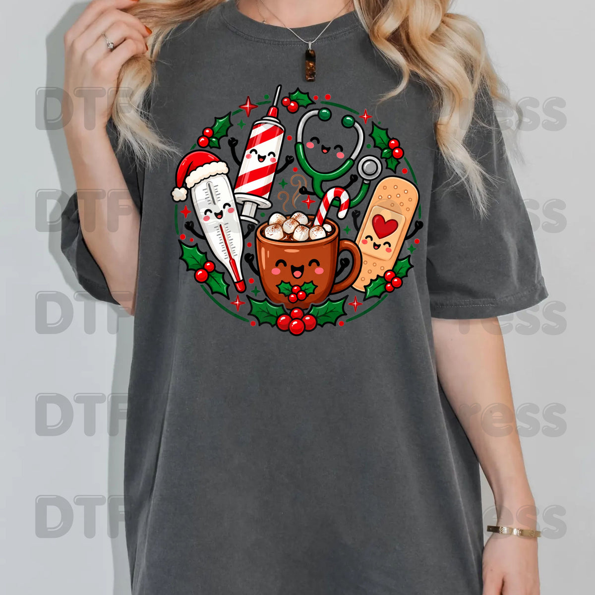 Christmas Medical Nurse DTF Transfers, Holiday Cocoa Thermometer Syringe Nurse Ready to Press