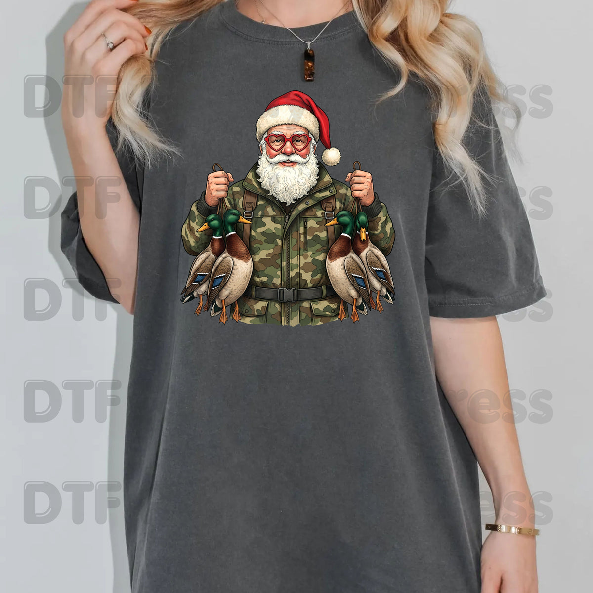 Christmas DTF Transfer, Santa Duck Hunting, Camo Mallards Graphic