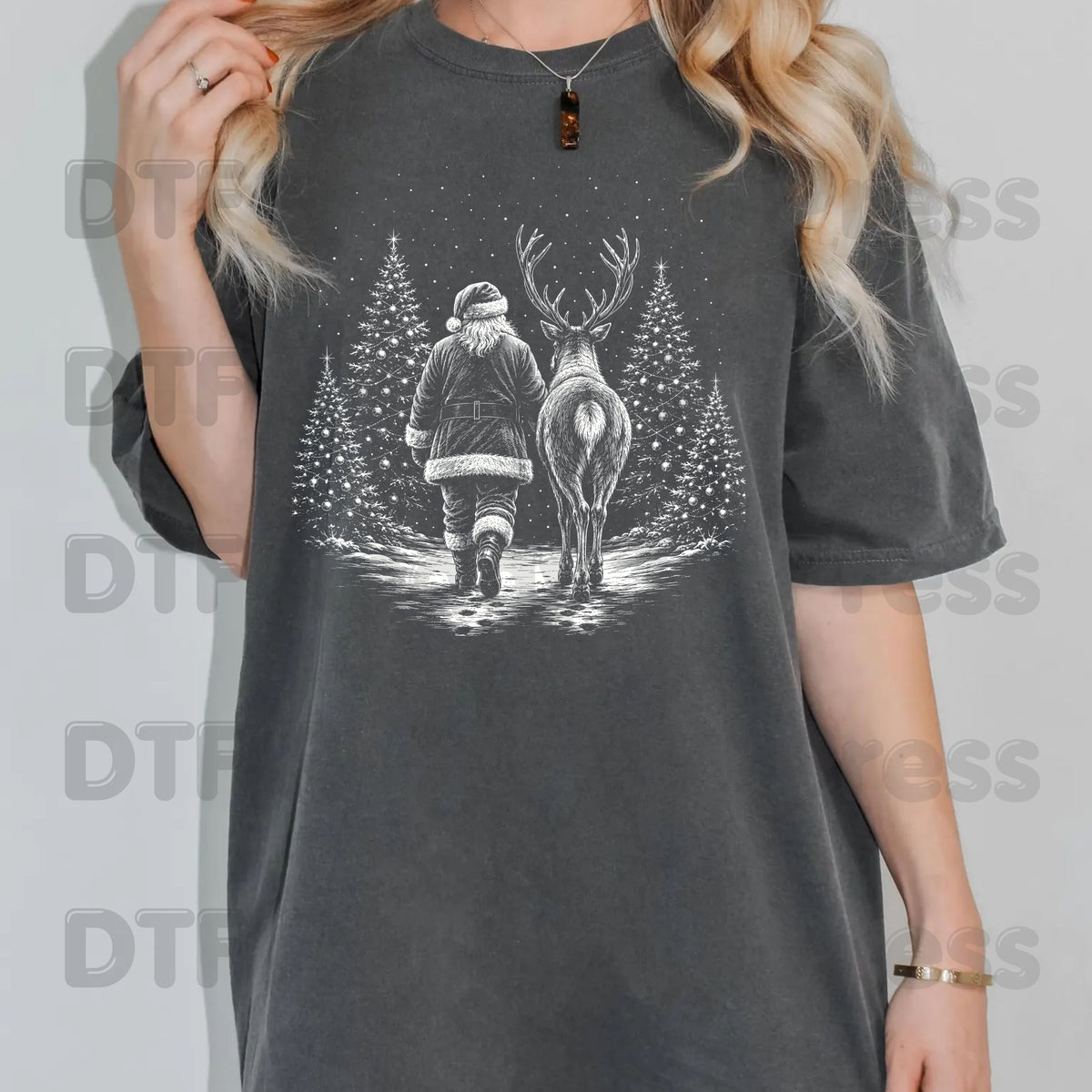 Black White Santa DTF Transfers, Reindeer Forest Vintage Christmas Holiday Ready to Press