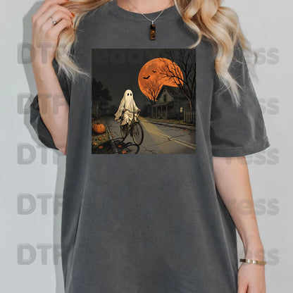 Ghost Riding Bike DTF Transfers, Orange Harvest Moon Haunted House Halloween Ready to Press