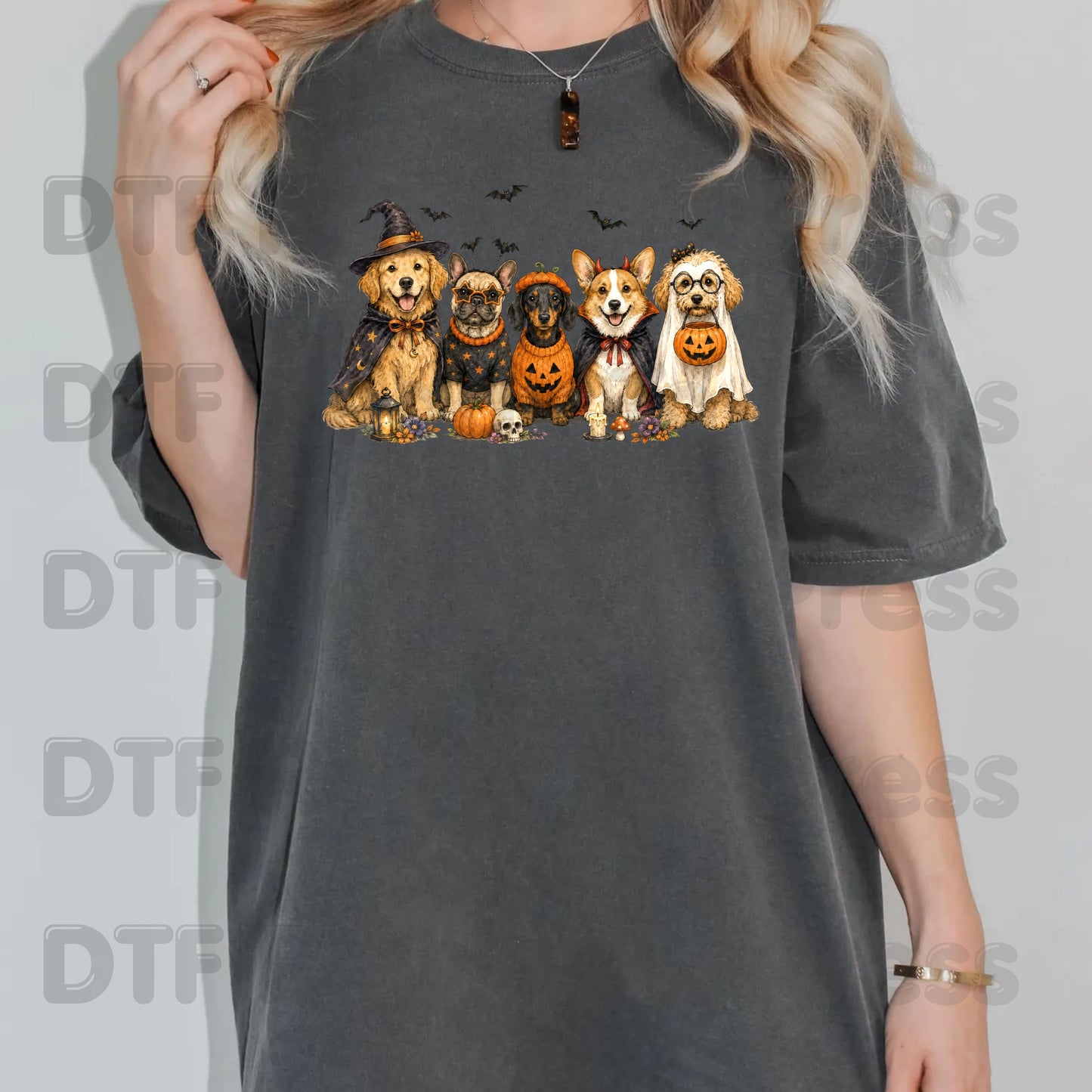 Halloween Dogs DTF Transfer Ready to Press Witch Ghost Devil Corgi Golden Retriever Heat Transfer For Shirts Spooky Dog Gang Full Color