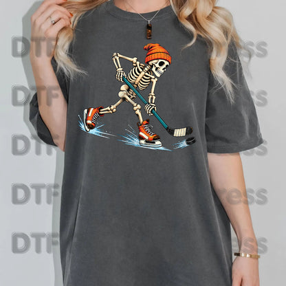 Hockey DTF Transfer, Skeleton in Beanie with Skates, Stick and Puck Graphic