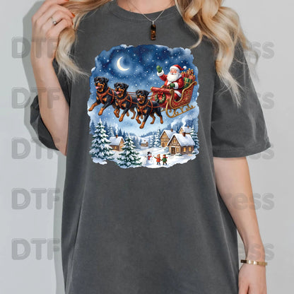 Christmas DTF Transfer, Santa Sleigh with Flying Rottweiler Dogs