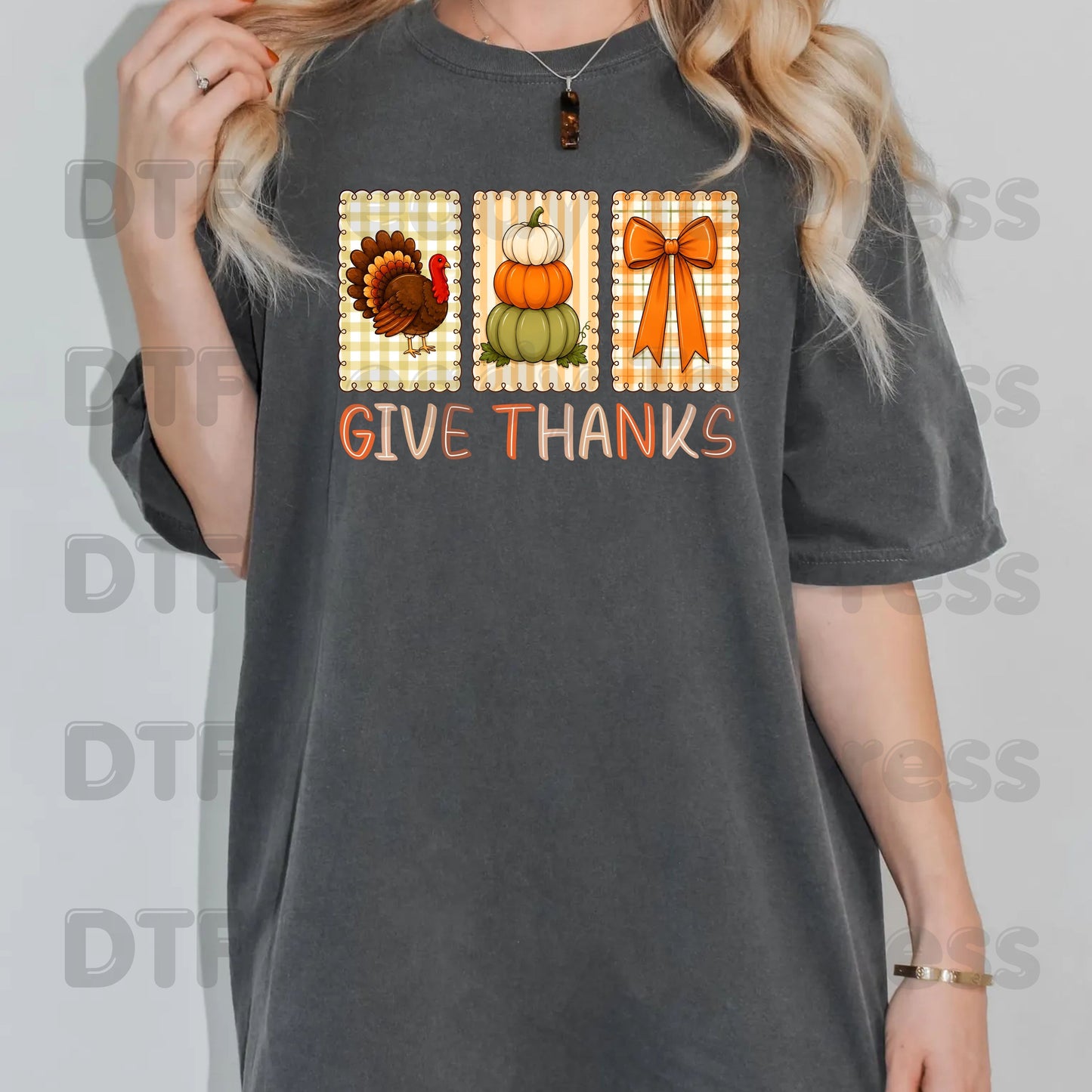 Thanksgiving DTF Transfer Ready to Press Give Thanks Turkey Stacked Pumpkins Coquette Bow Heat Transfer Shirts Autumn Clothing