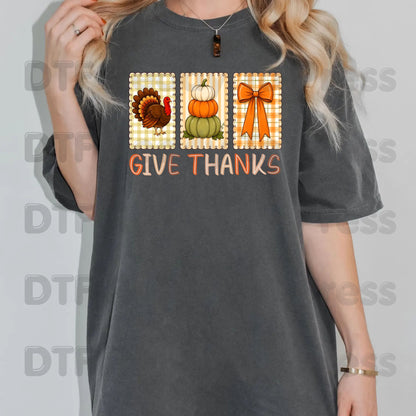 Thanksgiving DTF Transfer Ready to Press Give Thanks Turkey Stacked Pumpkins Coquette Bow Heat Transfer Shirts Autumn Clothing
