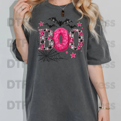 Boo Pink Glitter Bats DTF Transfers, Halloween Spider Web Sparkle Ready to Press