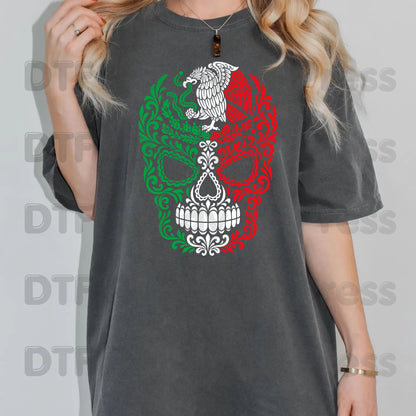 Mexican Flag Sugar Skull DTF Transfers, Eagle Coat of Arms Dia de los Muertos Ready to Press