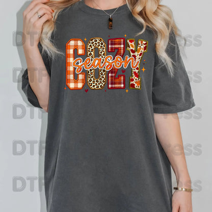 Cozy Season Fall DTF Transfer Ready to Press Plaid Leopard Autumn Letters Heat Transfer for Shirts Colorful Pumpkin Season Graphic Press