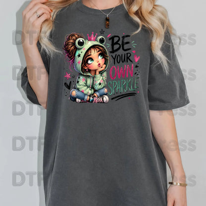 Be Your Own Sparkle Frog Girl DTF Transfers, Cute Crown Stars Kids Ready to Press