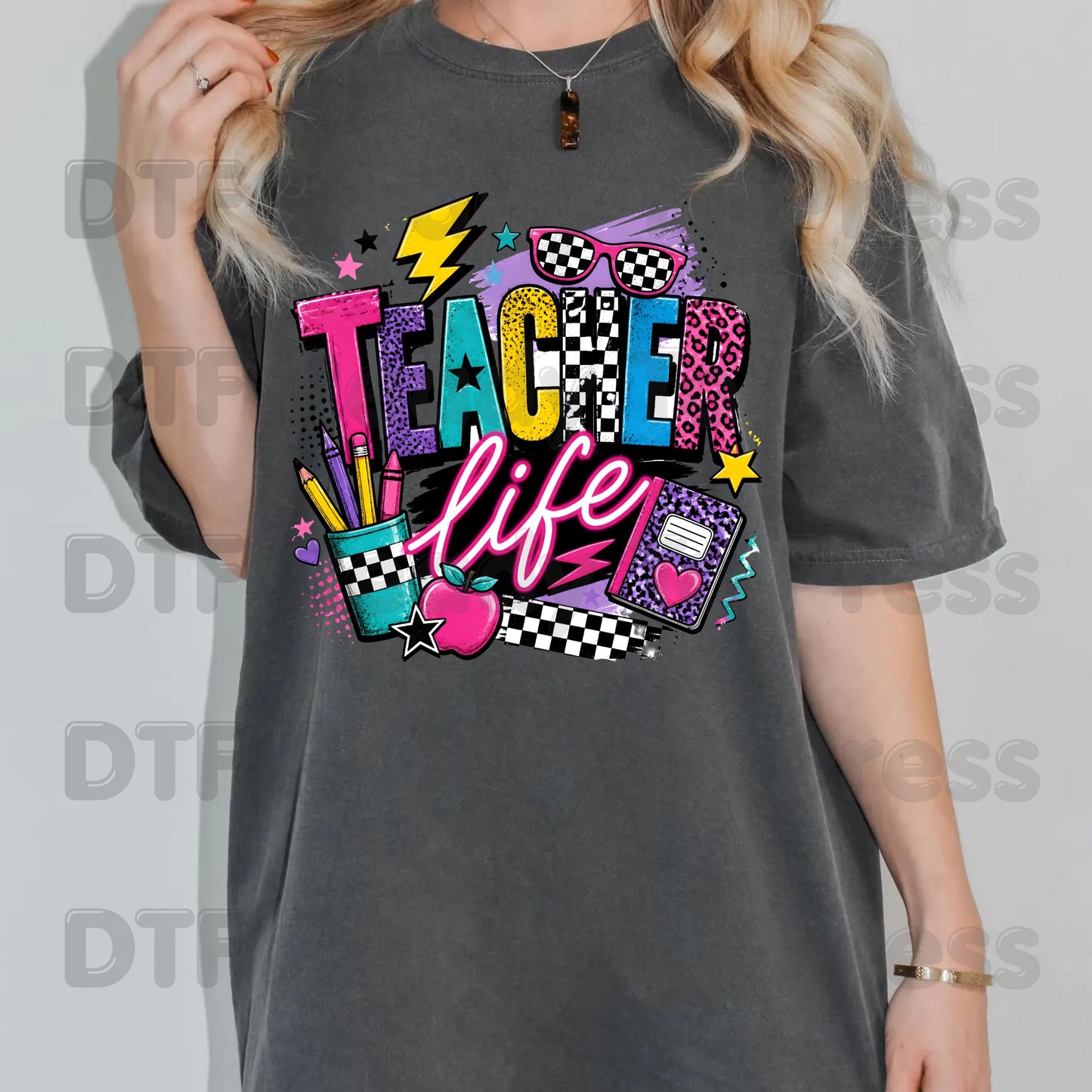 Retro Neon Teacher Life DTF Transfers, Colorful Doodle Graffiti Checkerboard Sunglasses Back to School Ready to Press