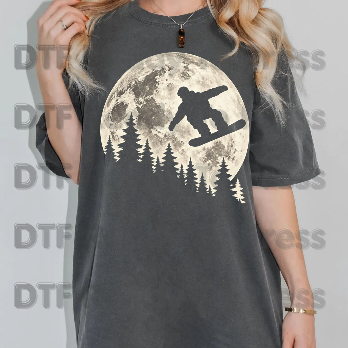 Snowboarding DTF Transfer, Full Moon Snowboarder and Pine Tree Silhouette