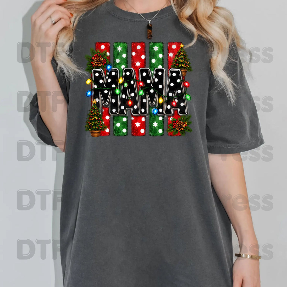 Christmas Mama DTF Transfers, Christmas Tree Lights Black Polka Dot Holiday Ready to Press