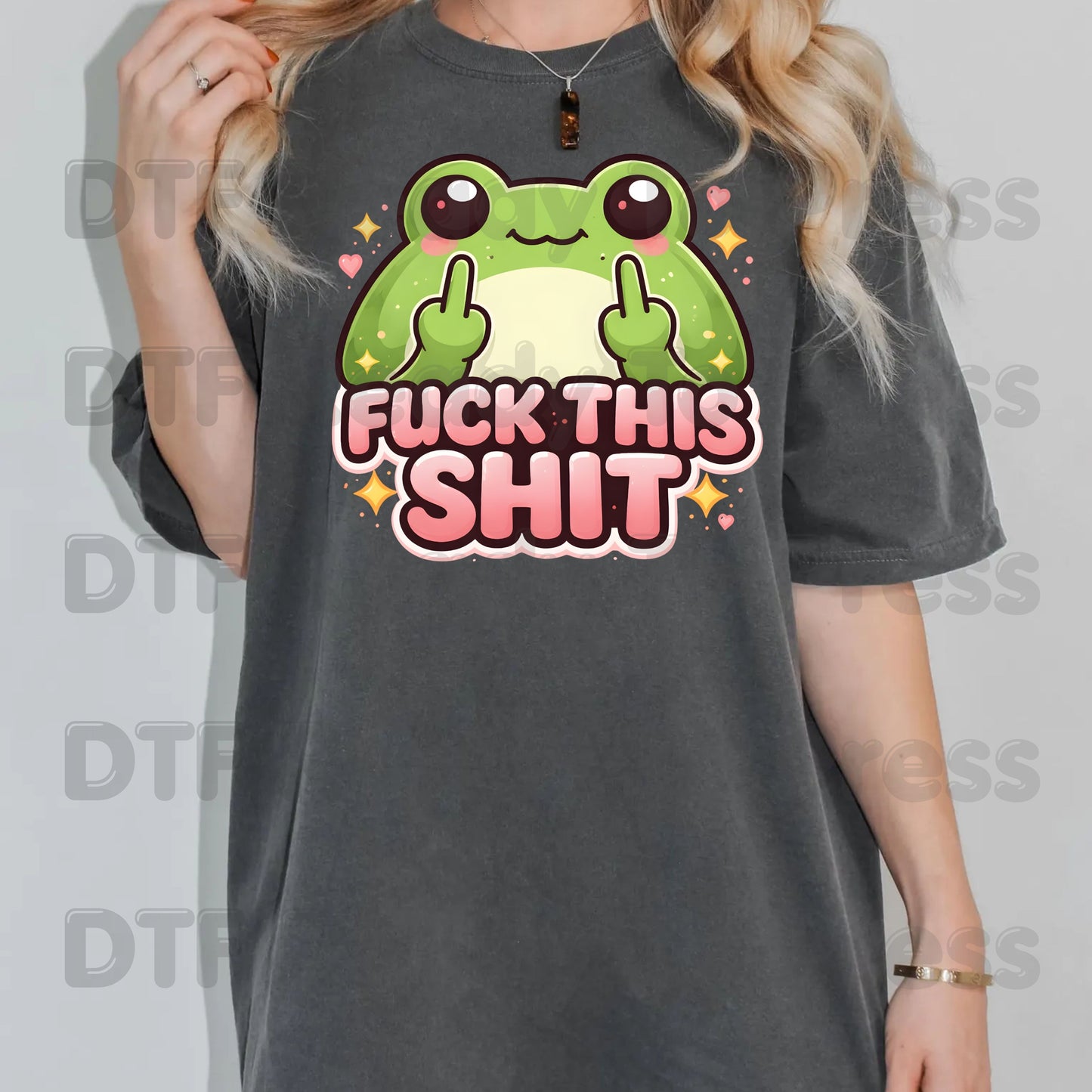 Fck This Shit Frog DTF Transfers, Middle Fingers Green Toad Sparkles Sarcastic Ready to Press