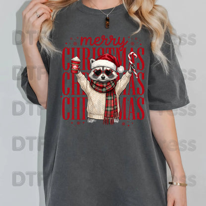 Merry Christmas Raccoon DTF Transfers, Coffee Candy Cane Festive Holiday Ready to Press