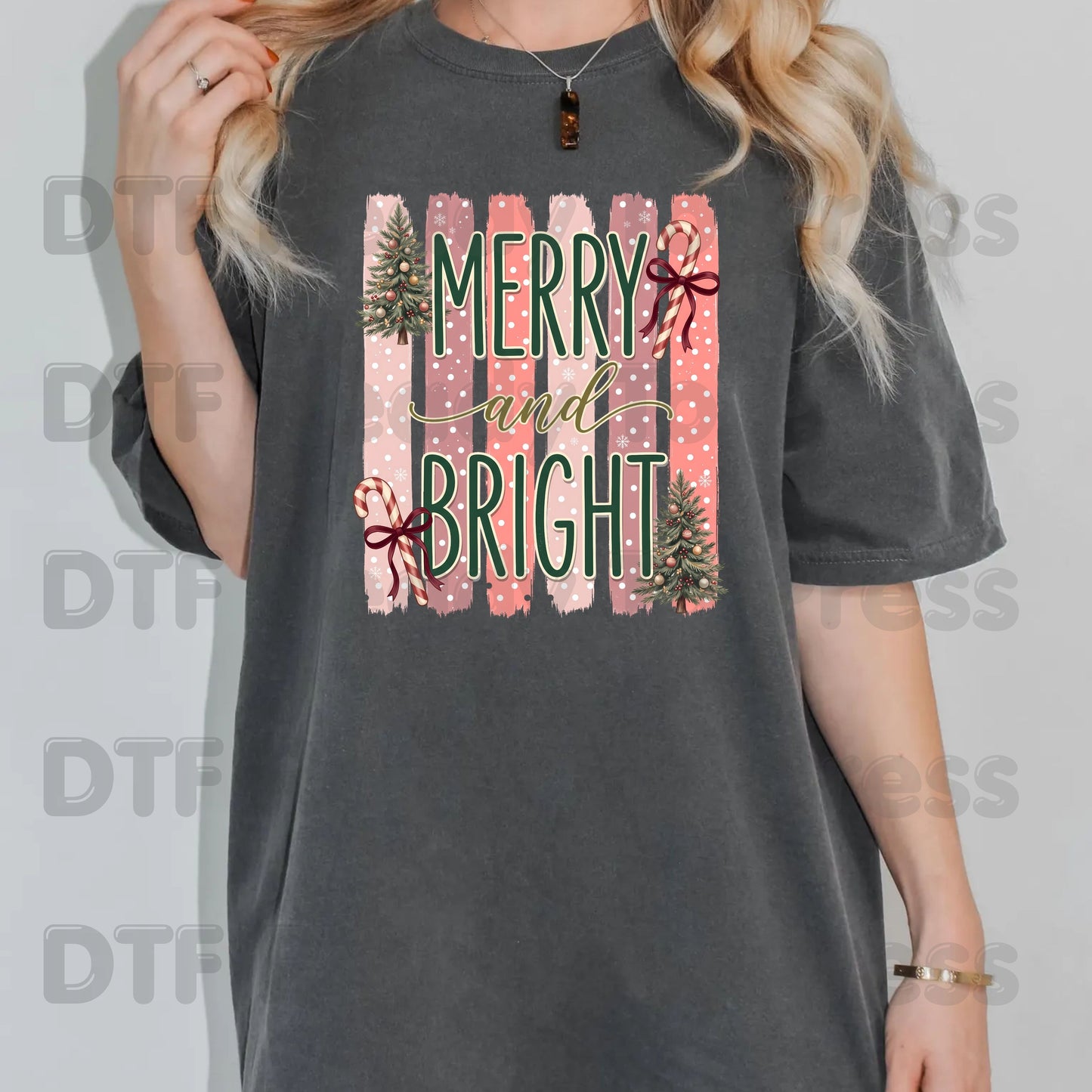 Christmas Merry and Bright DTF Transfer Ready to Press Pink Christmas Tree Candy Cane Heat Transfer for Shirts Retro Holiday Xmas DTF Print Cute Xmas