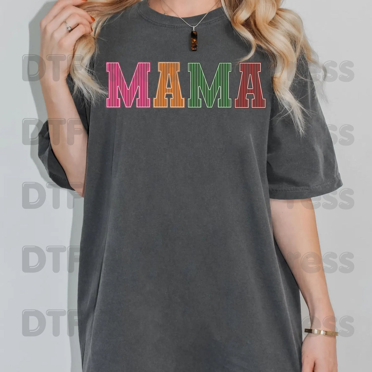 Mama DTF Transfers, Striped Colorful Retro Varsity Letter Mama Ready to Press