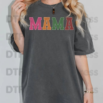 Mama DTF Transfers, Striped Colorful Retro Varsity Letter Mama Ready to Press