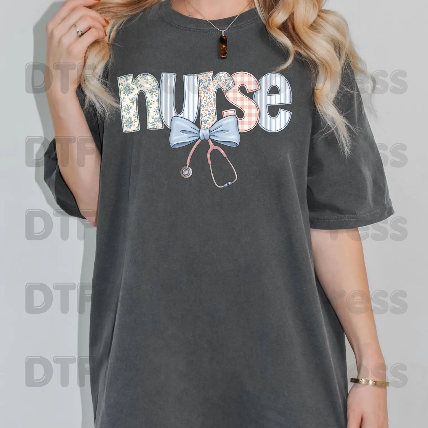 Nurse DTF Transfers, Coquette Floral Nurse Bow Stethoscope Vintage Patchwork