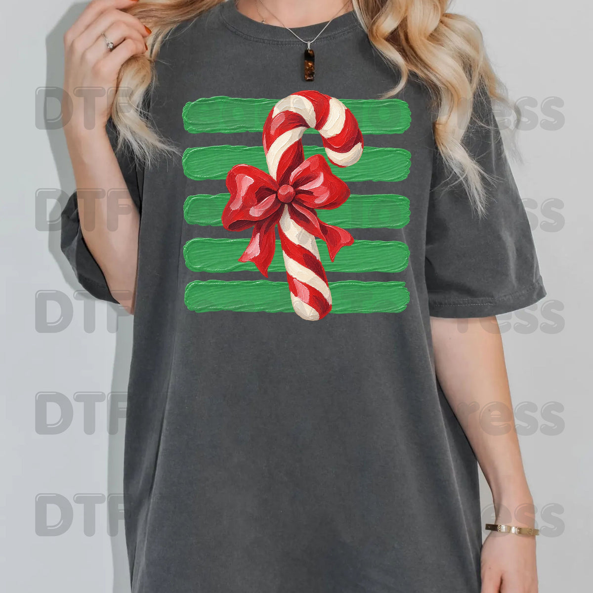 Candy Cane DTF Transfers, Red Bow Green Striped Background Vintage Christmas Holiday Ready to Press