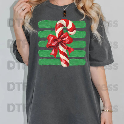 Candy Cane DTF Transfers, Red Bow Green Striped Background Vintage Christmas Holiday Ready to Press