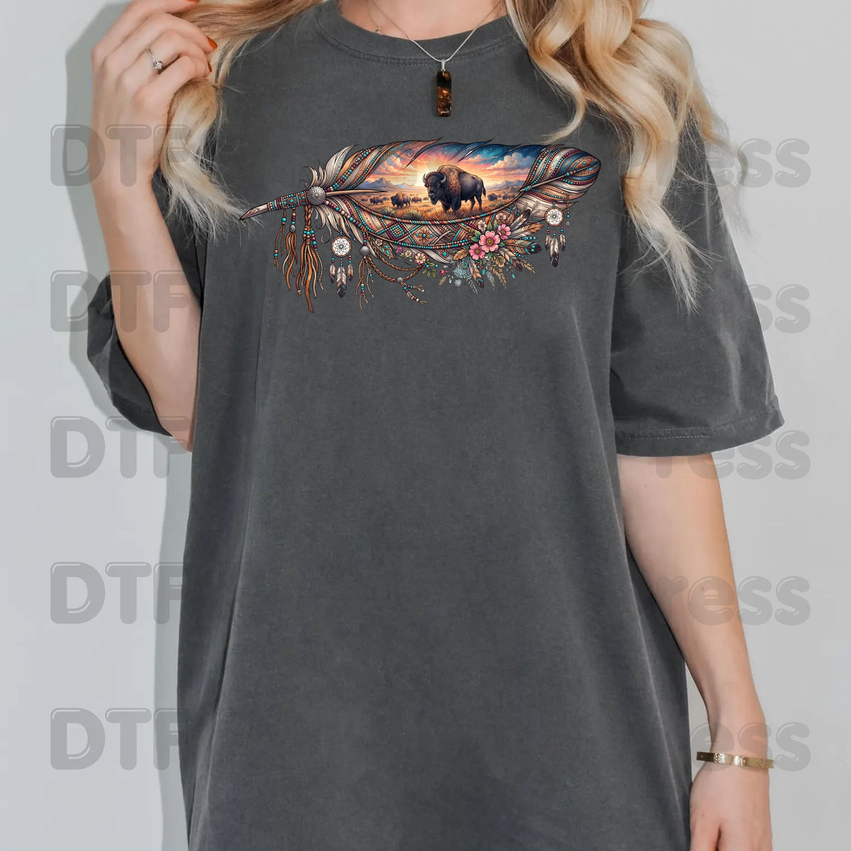 Western Buffalo Feather DTF Transfers, Dreamcatcher Boho Bison Tribal Sunset Ready to Press