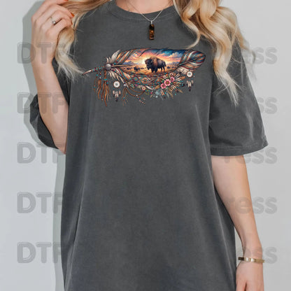 Western Buffalo Feather DTF Transfers, Dreamcatcher Boho Bison Tribal Sunset Ready to Press