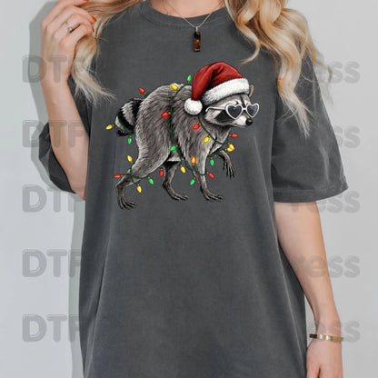 Christmas Raccoon DTF Transfers, Santa Hat Trash Panda Holiday Lights Ready to Press