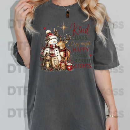 Kind Days Cozy Nights DTF Transfers, Snowman Reindeer Cute Christmas Holiday Ready to Press